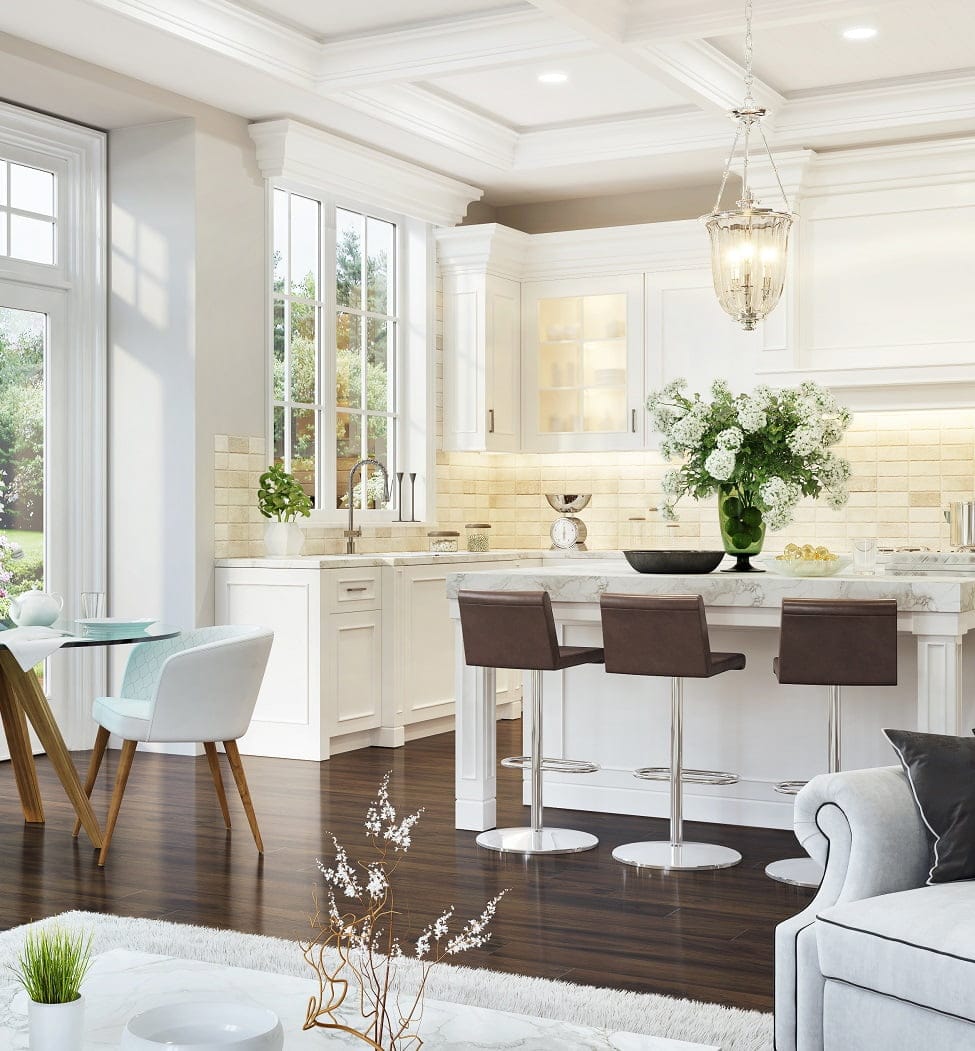Luxurious white kitchen and living room in a big house